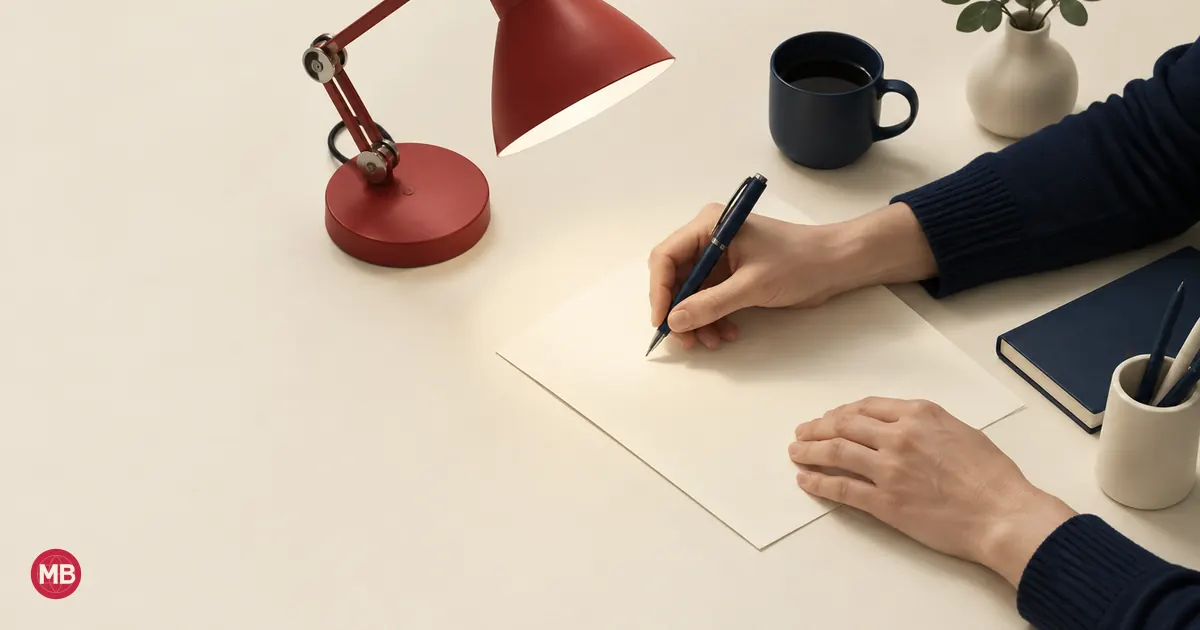 Unas manos escriben en una página color crema bajo un flexo rojo