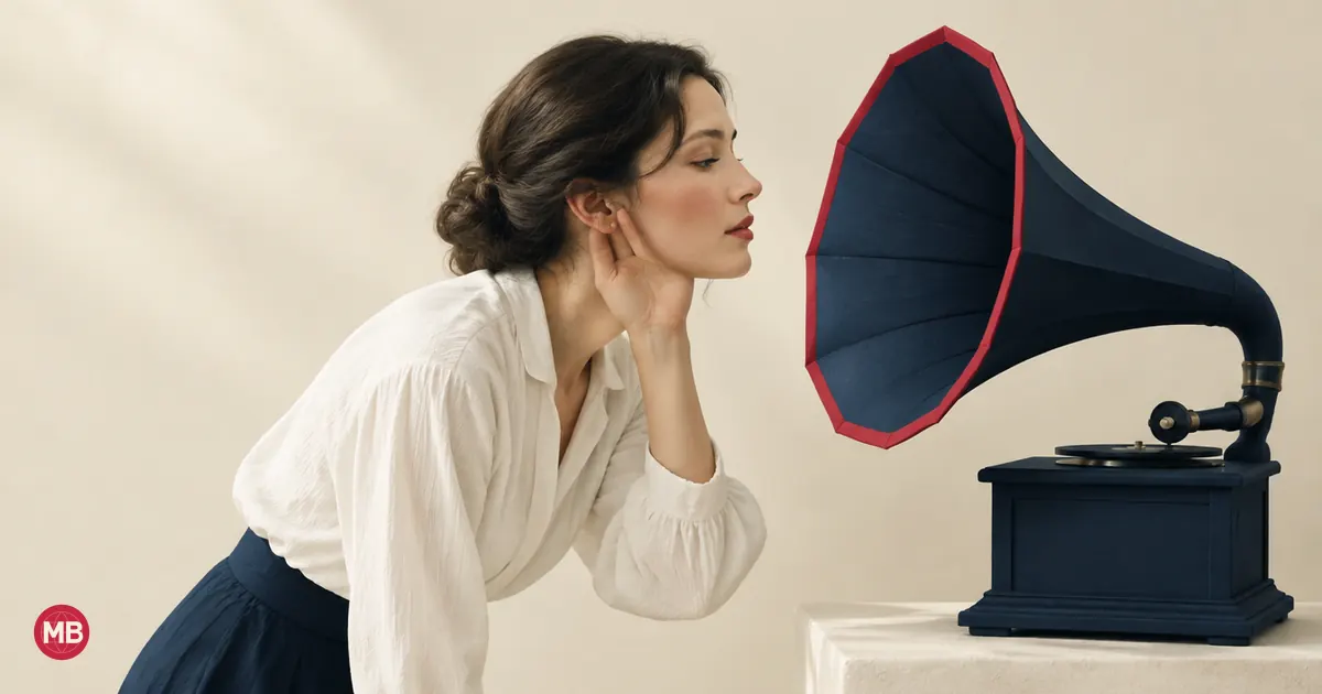 Une femme de profil tend l’oreille vers un pavillon en papier bleu marine au bord rouge