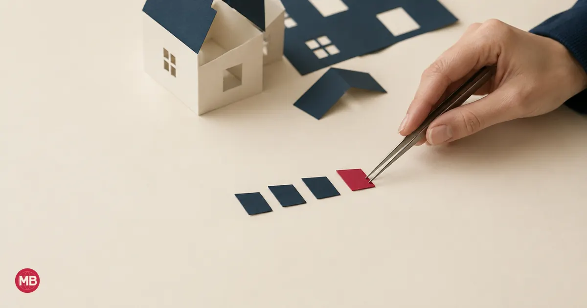 A hand with tweezers laying four paper pieces in a row, the last one red
