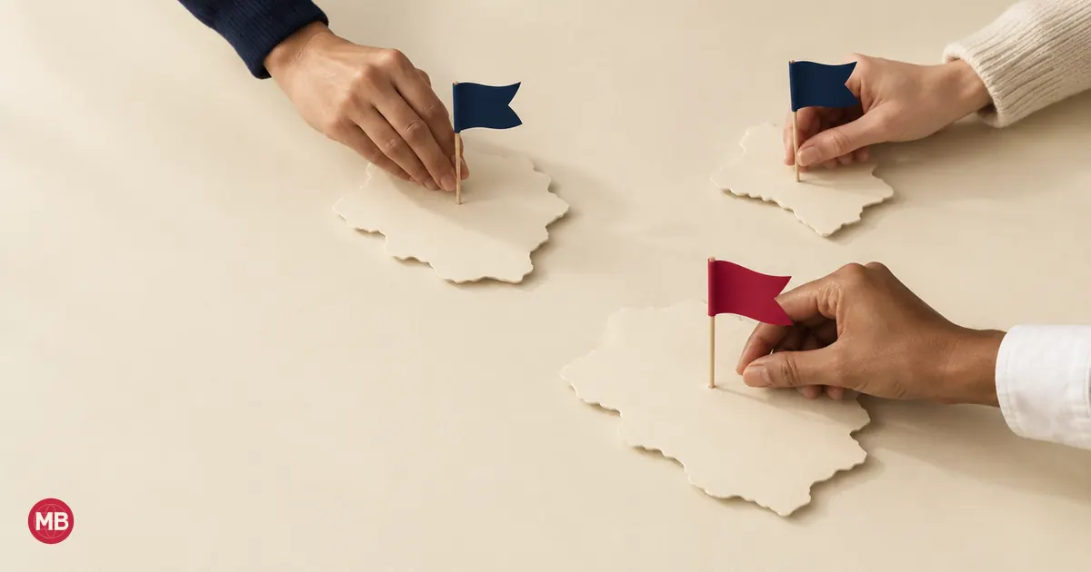 Three hands each planting a navy flag on its own paper island, one flag red