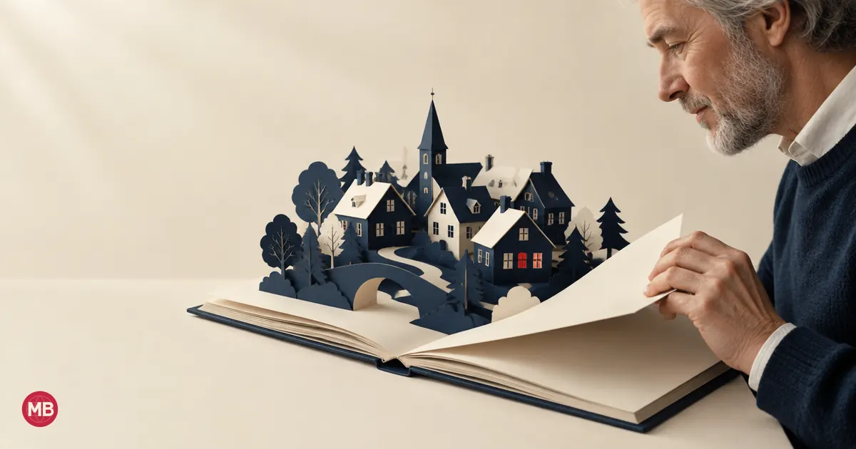 A man in profile turning the page of a pop-up book with a navy paper village, one window red