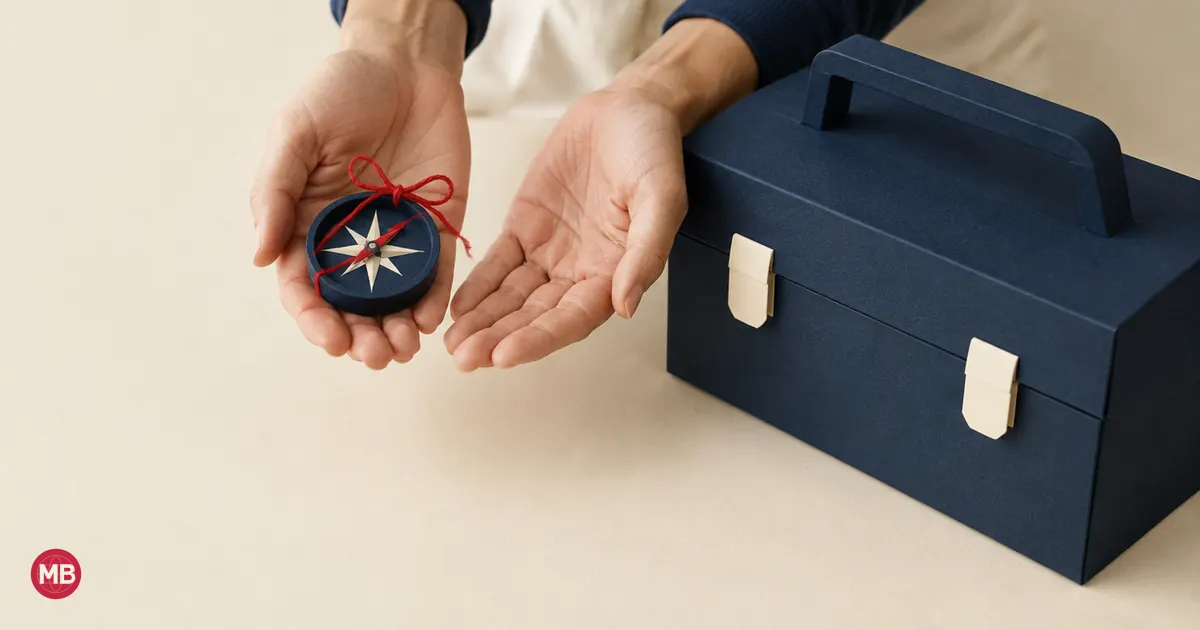 Two open hands weighing a small compass against a full toolbox