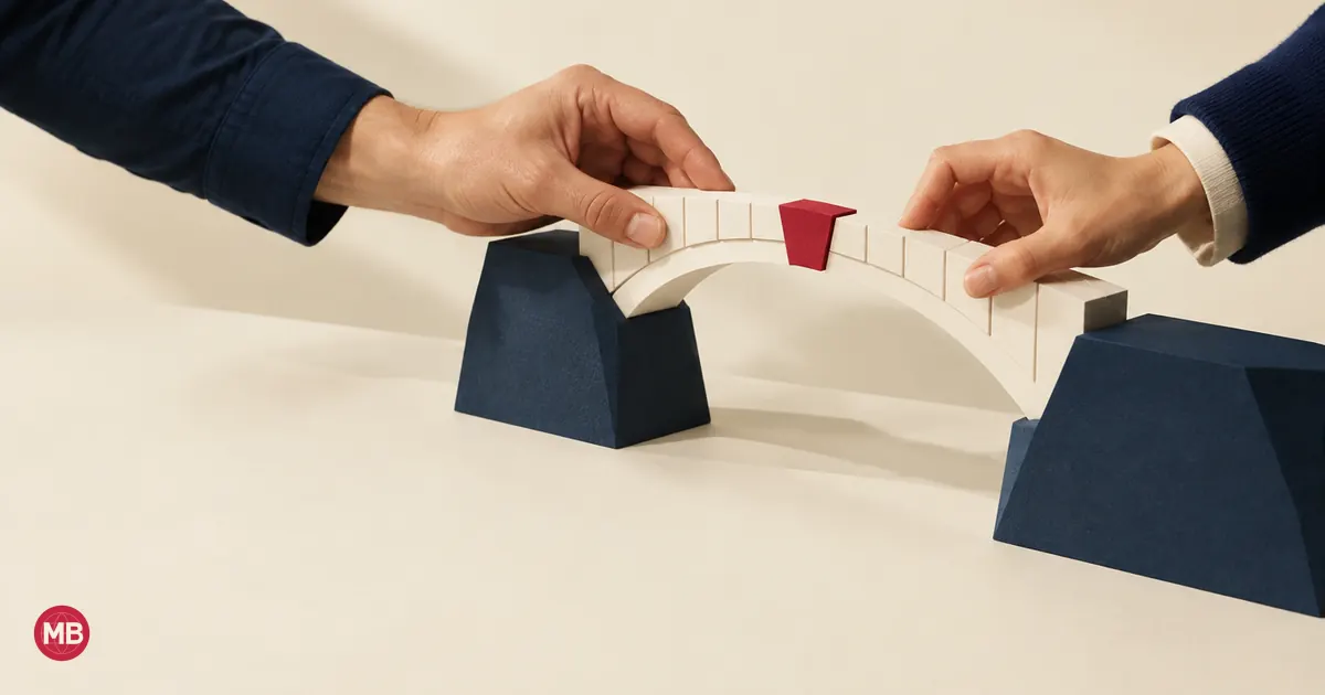 Two forearms joining halves of a paper bridge at a red keystone