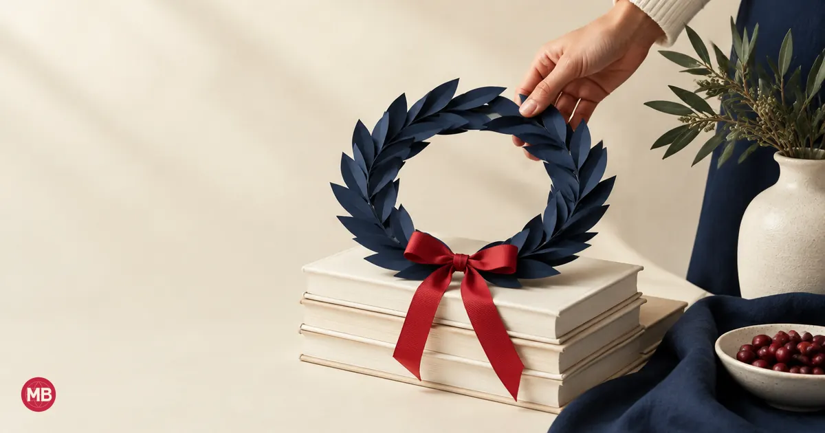 Una mano coloca una corona de laurel azul marino sobre una pila de libros, atada con cinta roja