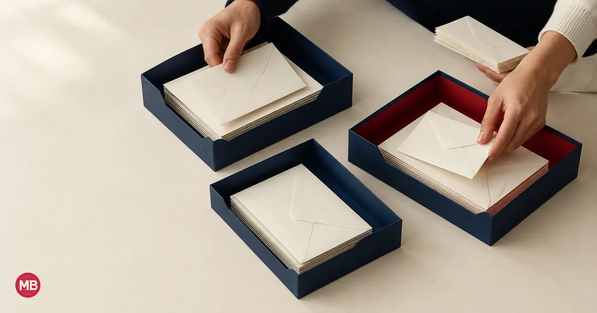 Deux mains trient des enveloppes dans trois bacs bleu marine, l’un tapissé de rouge