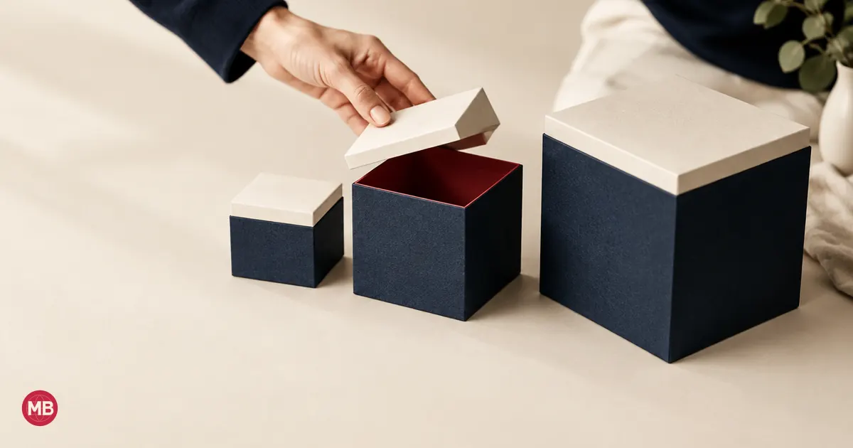 Una mano levanta la tapa de la caja central de tres, forrada de rojo