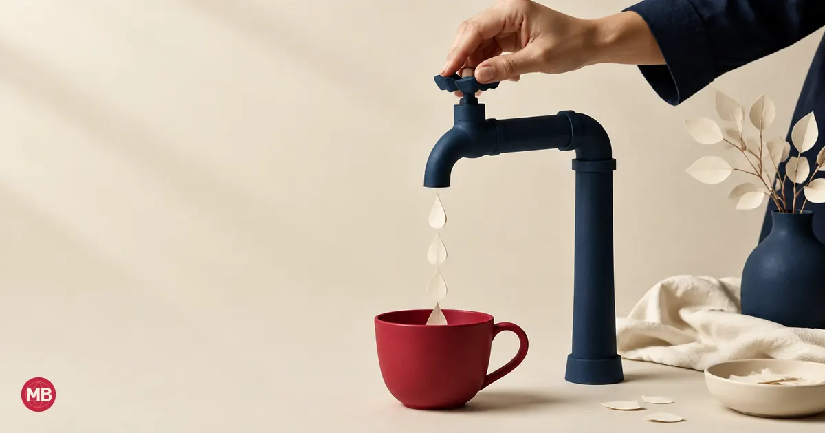 Una mano gradúa el chorro de un grifo de papel azul marino sobre una taza roja