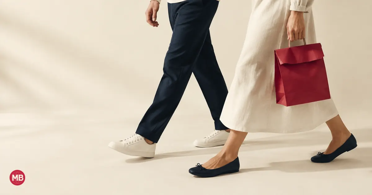 Deux personnes vues de la taille aux pieds marchent du même pas, l’une avec une besace rouge