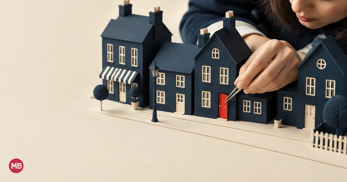 Une main munie d’une pince pose une minuscule porte rouge sur un immeuble d’une rue en papier