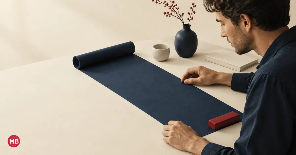 A man in profile reading a blank navy scroll held flat by a red paperweight