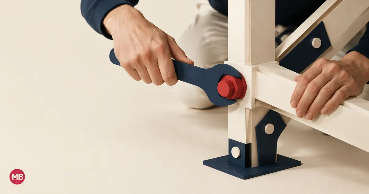 A hand tightening a red bolt with a navy spanner on a paper framework