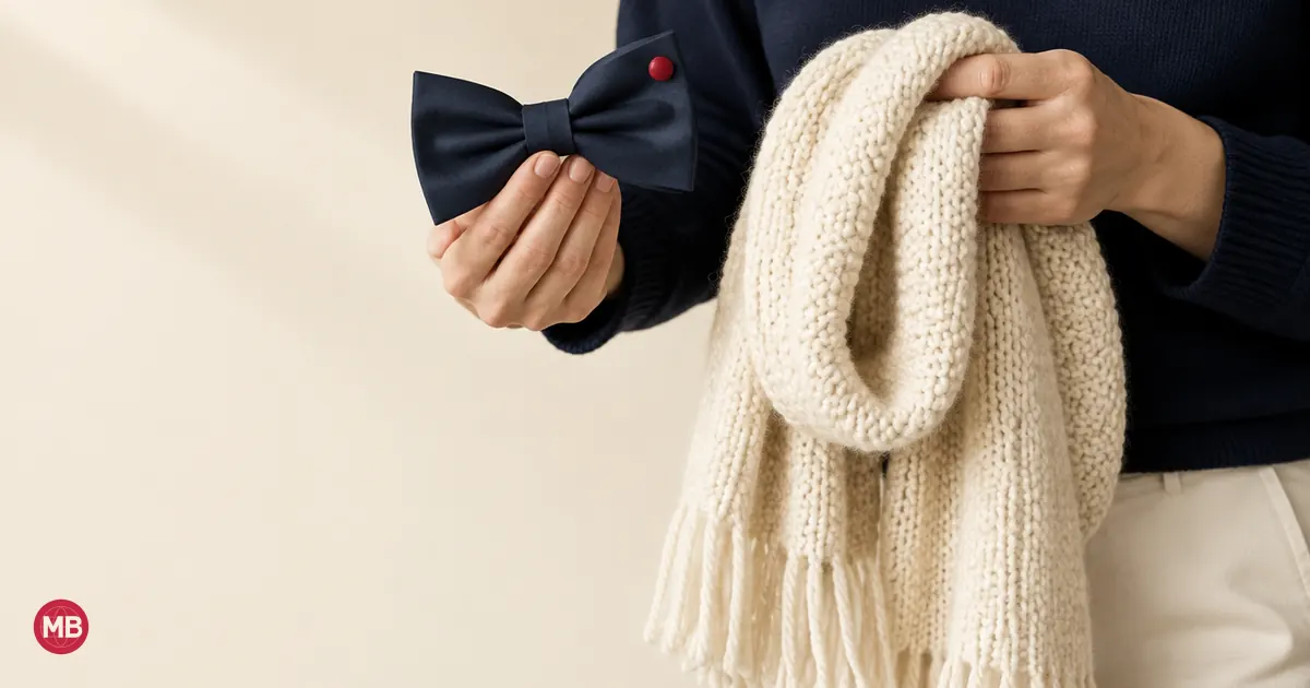 Two hands holding up a navy bow tie and a cream scarf, a red pin on the tie