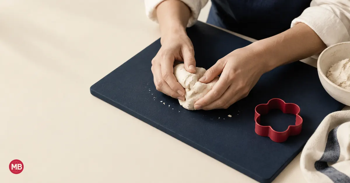 Hands shaping cream clay on a navy board beside a red cutter