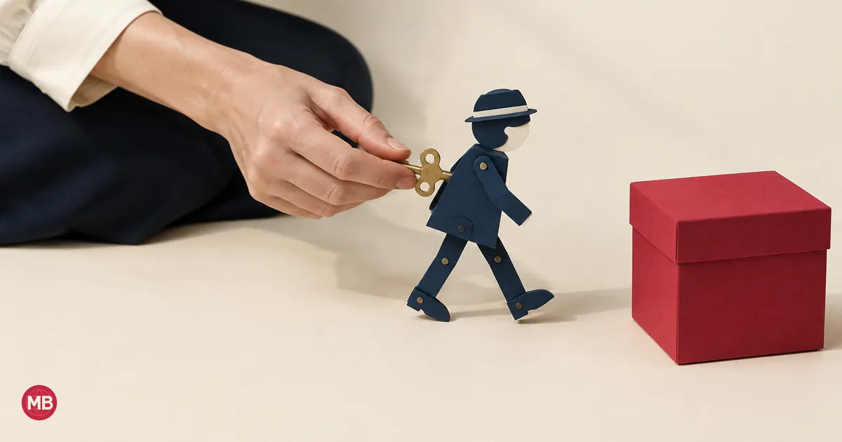 A hand winding a navy clockwork figure that walks toward a red box
