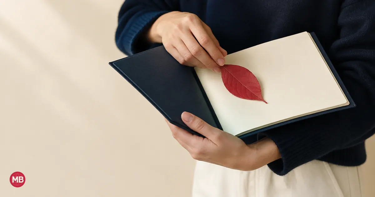 A person holding an open navy ledger and laying a red paper leaf on its page