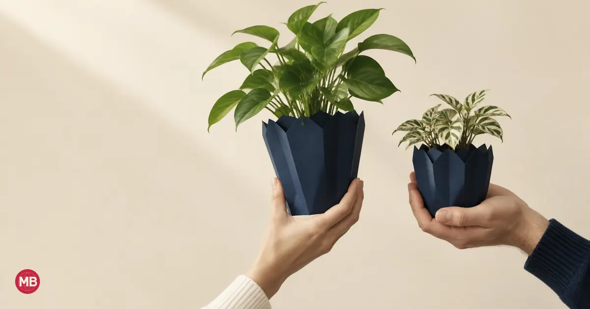 Deux mains soulèvent des pots bleu marine, la plante du pot rouge plus vigoureuse