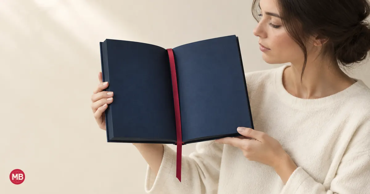 Une femme de profil tient ouvert un livre bleu marine marqué d’un ruban rouge