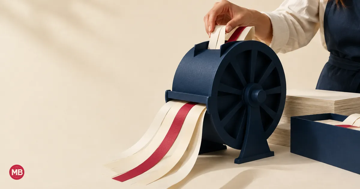 Une main glisse des bandes de papier dans une roue de moulin bleu marine, une bande rouge