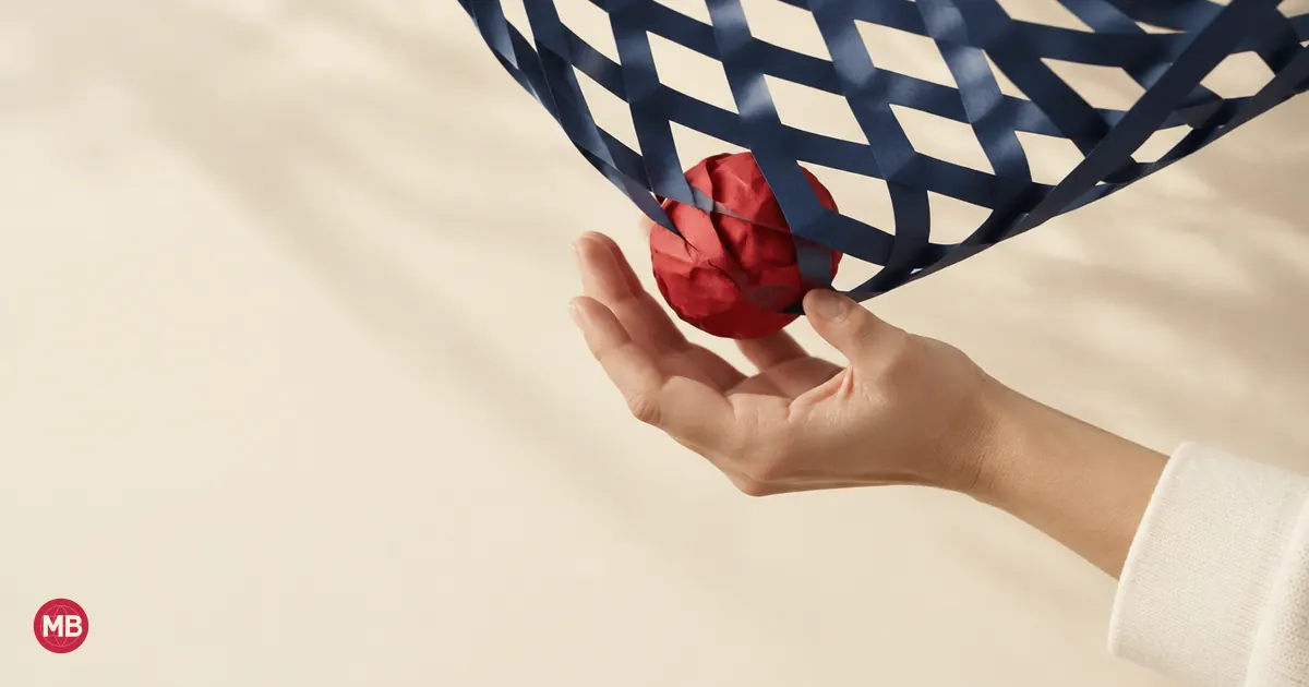 Une main rattrape une balle rouge qui glisse à travers un filet bleu marine