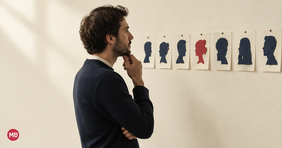 A man in profile studying a row of paper silhouettes, one red