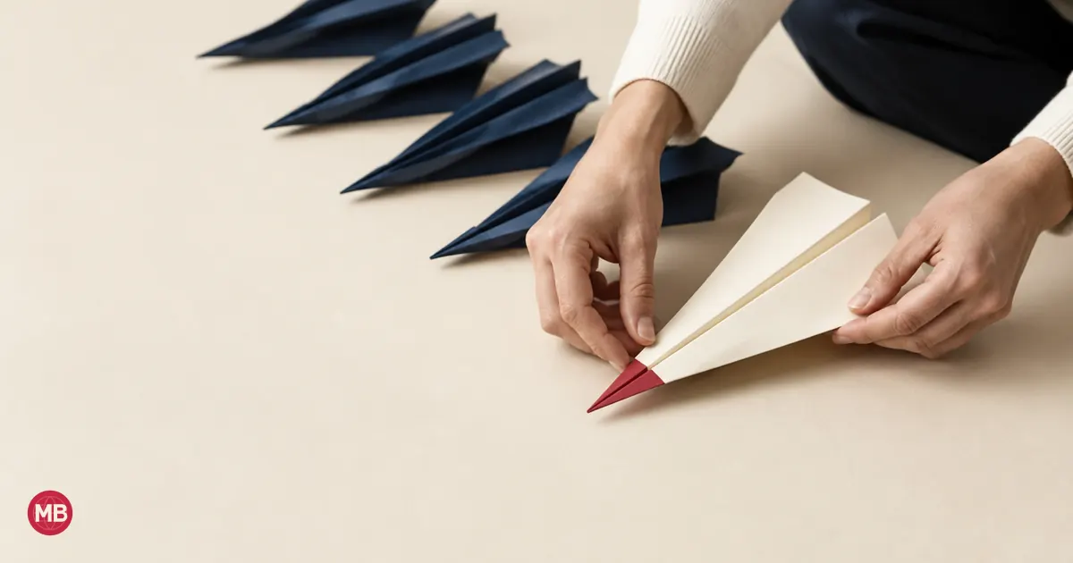 A hand folding a cream paper plane with a red nose, navy planes behind