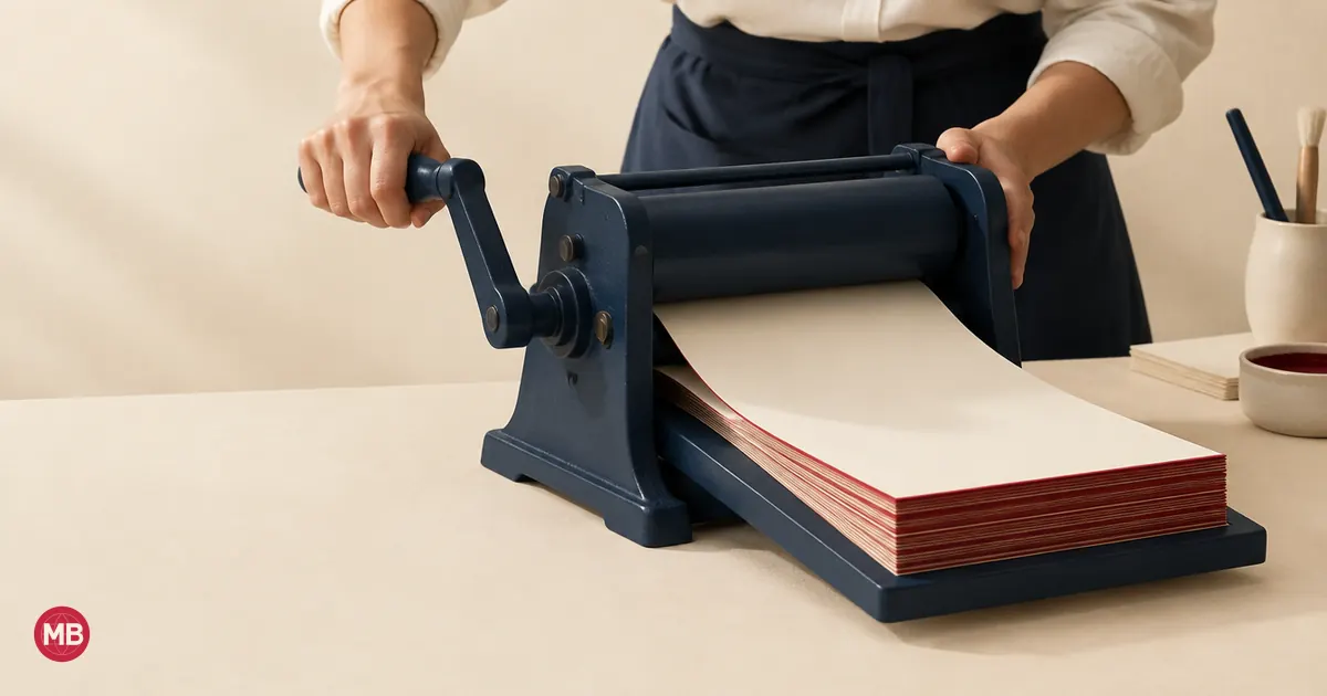 Una mano gira la manivela de una máquina de papel azul marino de la que salen hojas color crema