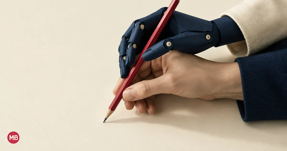 Una mano humana y una mano mecánica de papel azul marino sujetan juntas un lápiz rojo