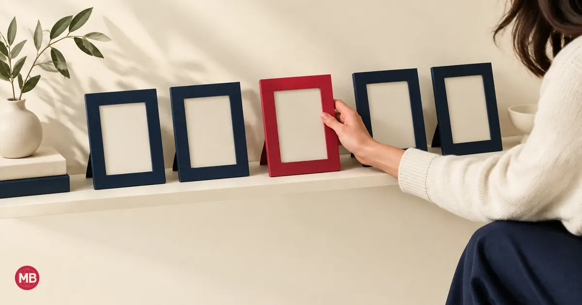 A hand straightening a red frame in a row of empty navy frames on a shelf