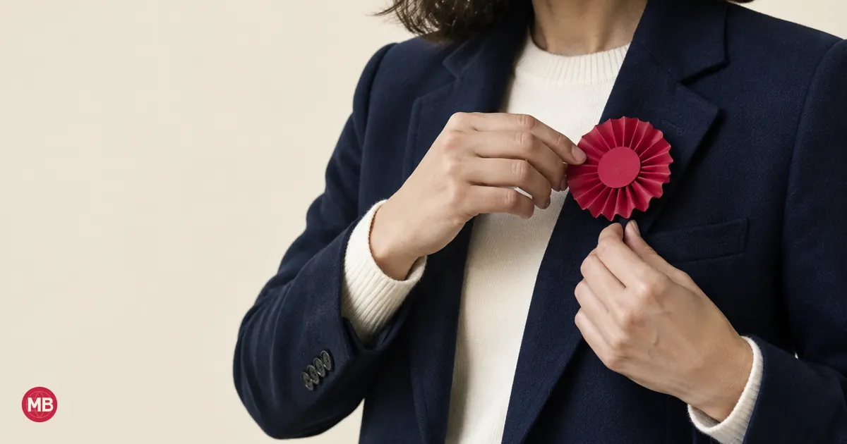 A person pinning a red paper rosette to the lapel of a navy jacket