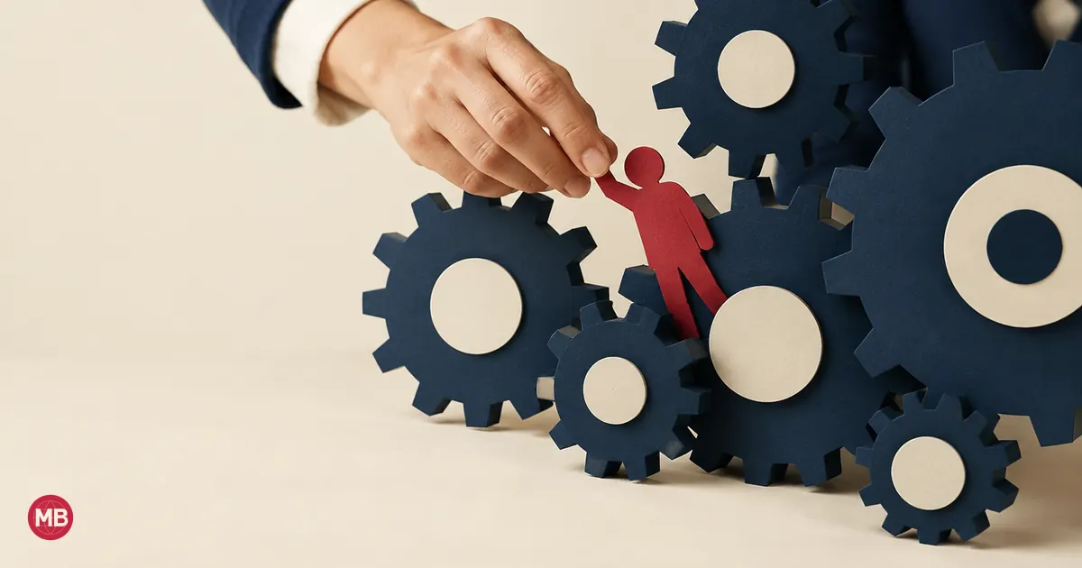 A hand reaching between navy gears to lift out a small red paper figure