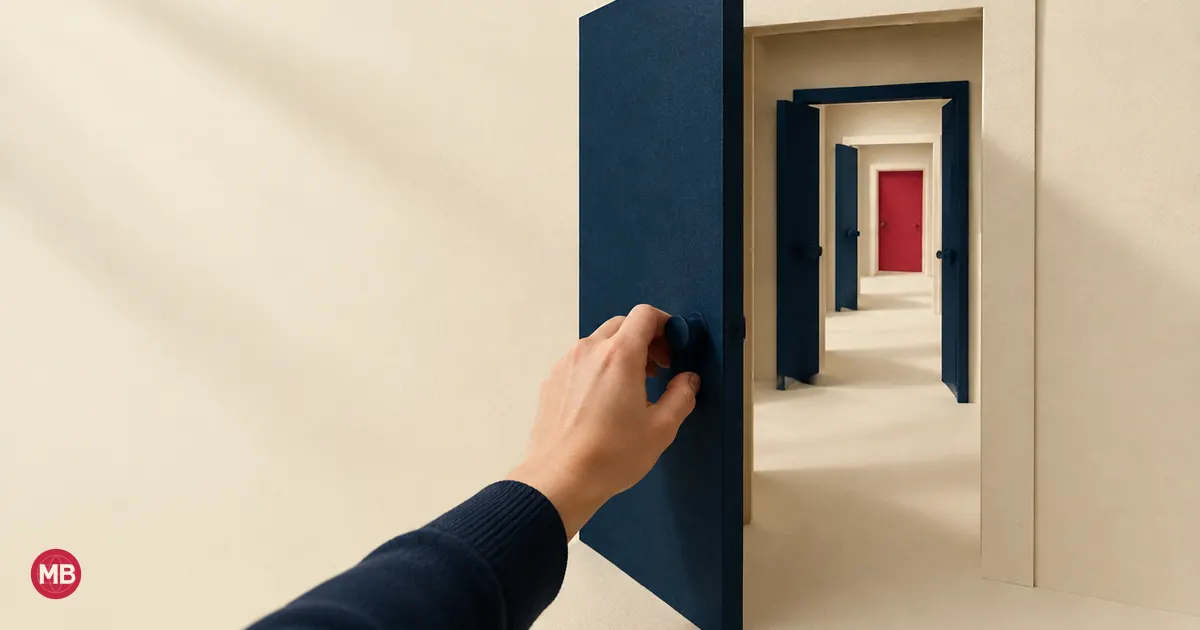 A hand opening a navy door onto a corridor of doors, the last one red
