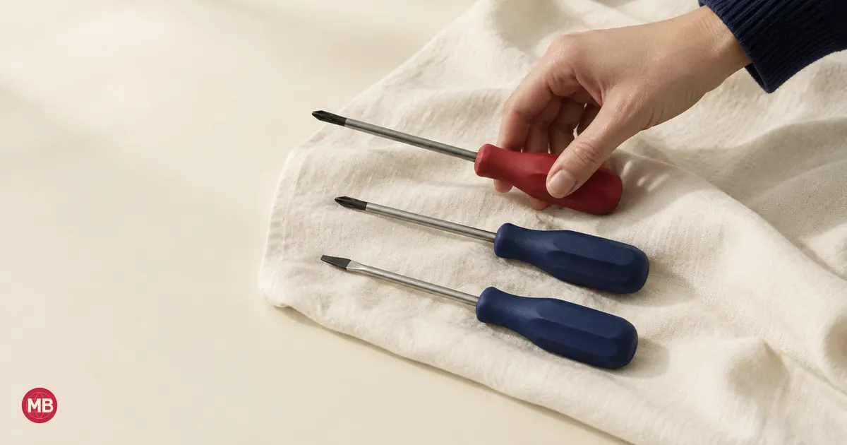 A hand picking a red-handled screwdriver from three laid on a cloth