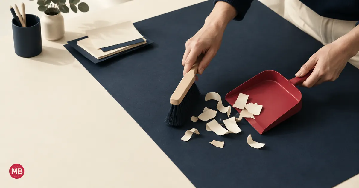 Des mains balaient des chutes de papier d’un bureau bleu marine vers une pelle rouge