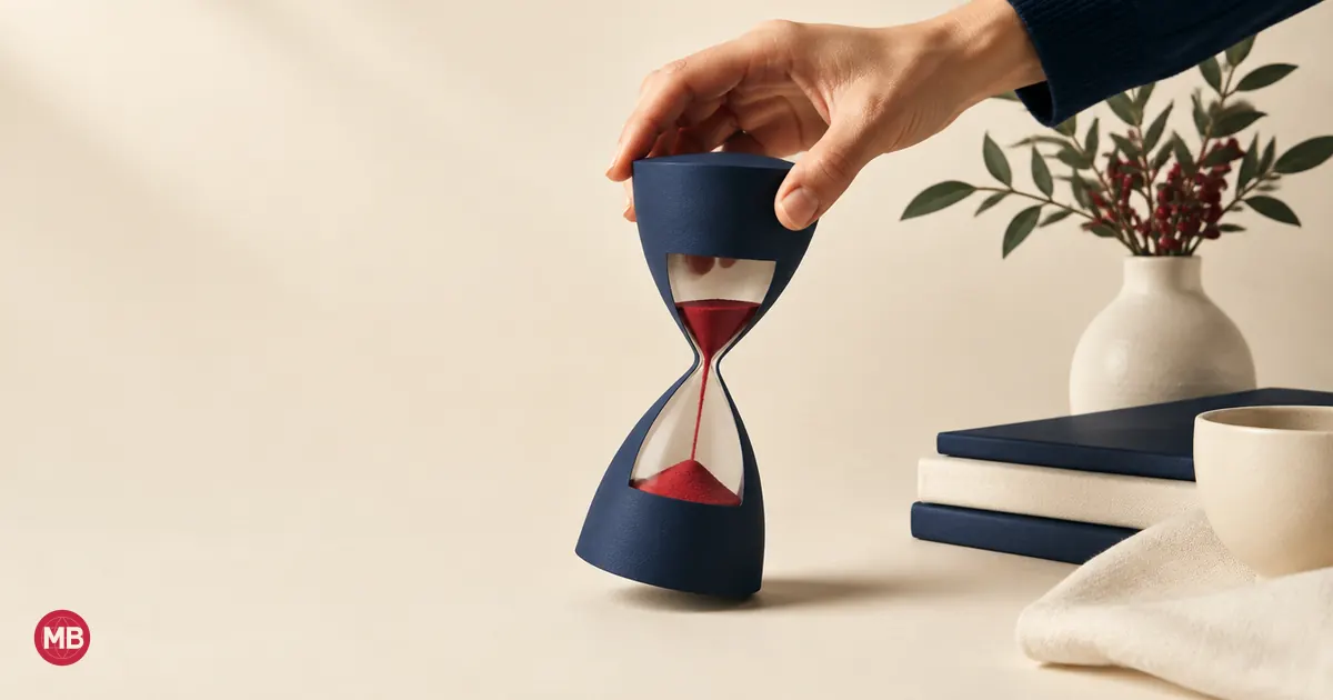 A hand turning over a navy paper hourglass filled with red sand