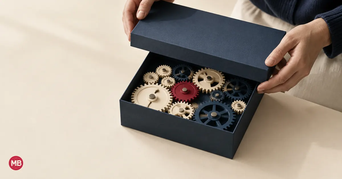 A hand lifting a navy lid to show the gears inside, one red
