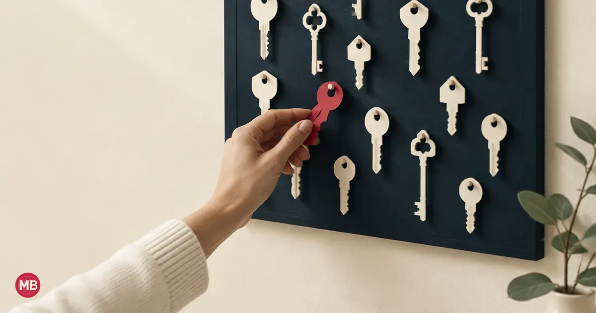 A hand taking a red key from a board of cream keys