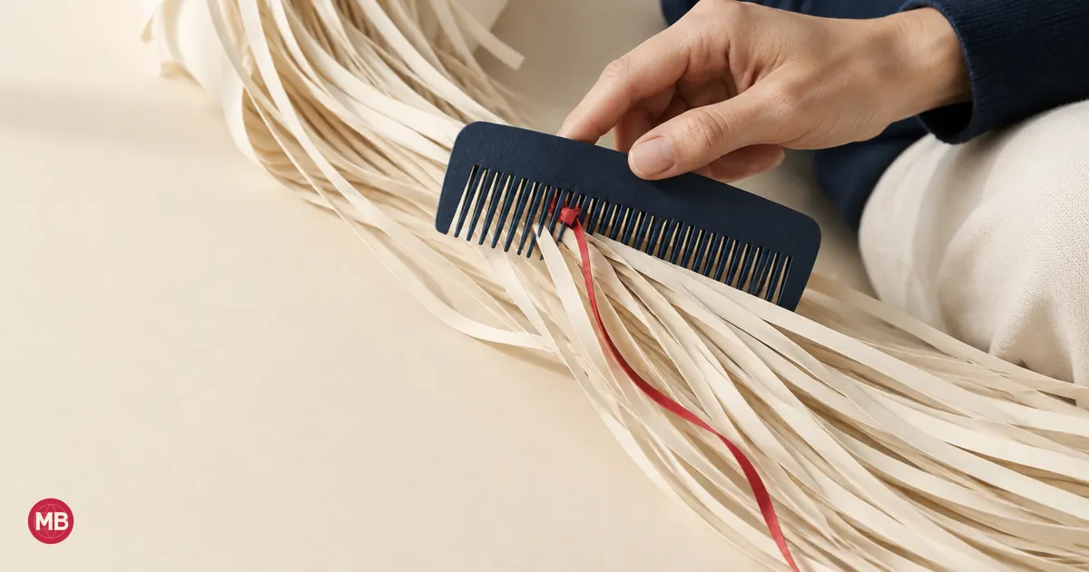 Une main passe un peigne bleu marine dans des fils de papier et accroche un nœud rouge