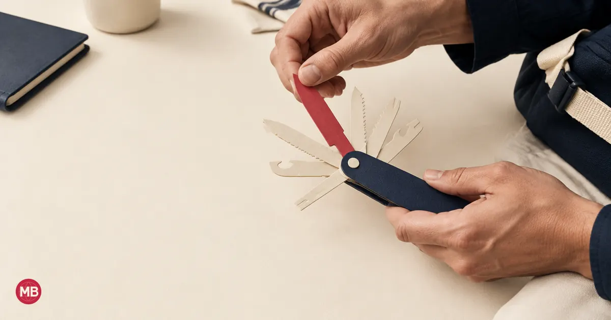 Une main déplie une lame rouge d’un couteau multifonction bleu marine