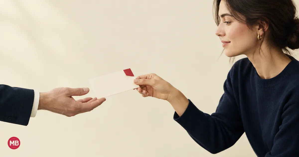 Una joven de perfil entrega una tarjeta con la esquina roja doblada a una mano abierta