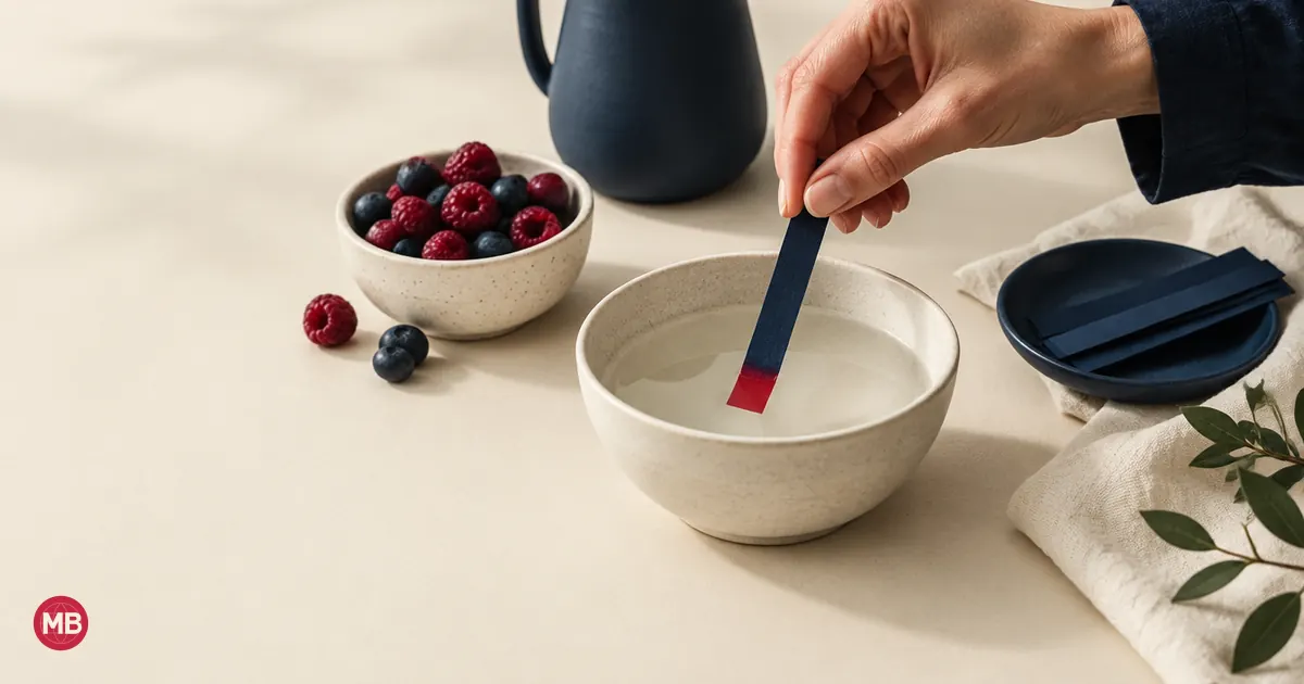 A hand dipping a navy test strip into a bowl, its tip turning red
