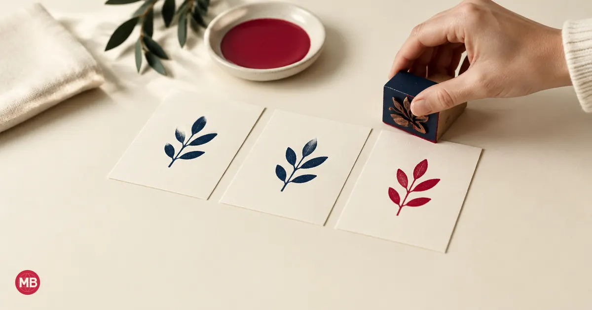 Una mano estampa un motivo de hoja en tres hojas de papel, la última huella roja