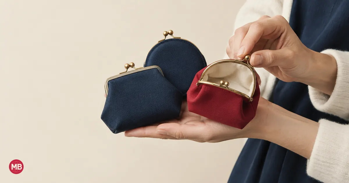 A hand holding three navy coin purses, opening the red one
