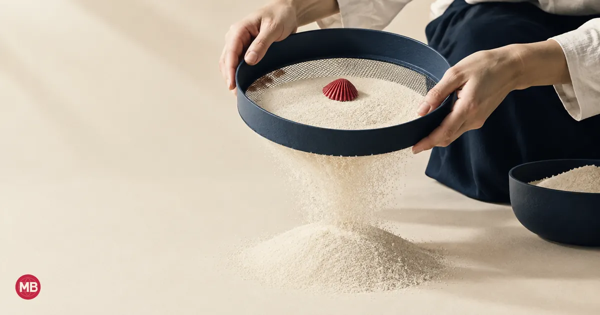 Une main tamise du sable de papier dans un tamis bleu marine où reste un coquillage rouge