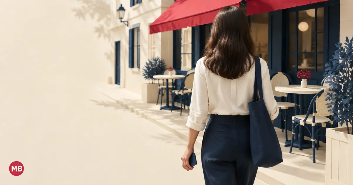 Une personne marche dans une rue en papier, téléphone bleu marine en main, un store rouge devant elle