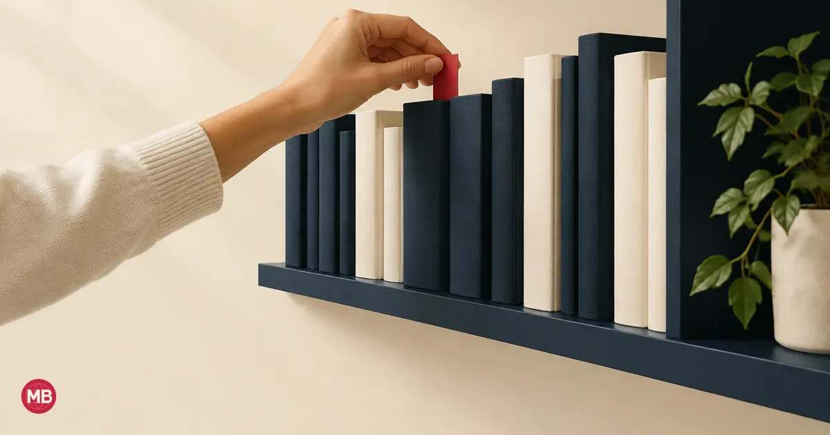 A hand slipping a red bookmark into one book on a navy shelf
