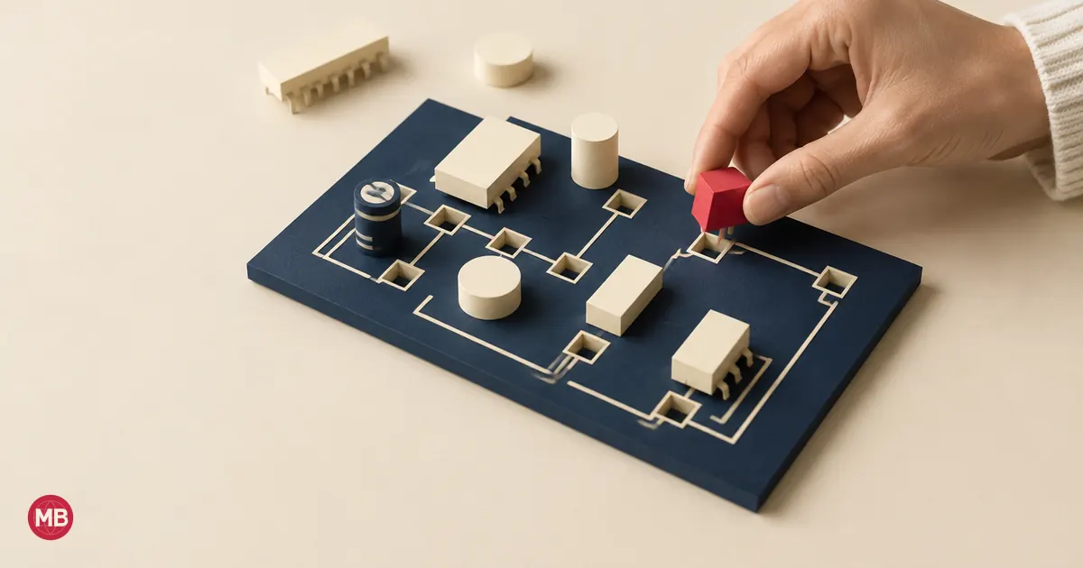 A hand fitting cream components into a navy board, the last one red