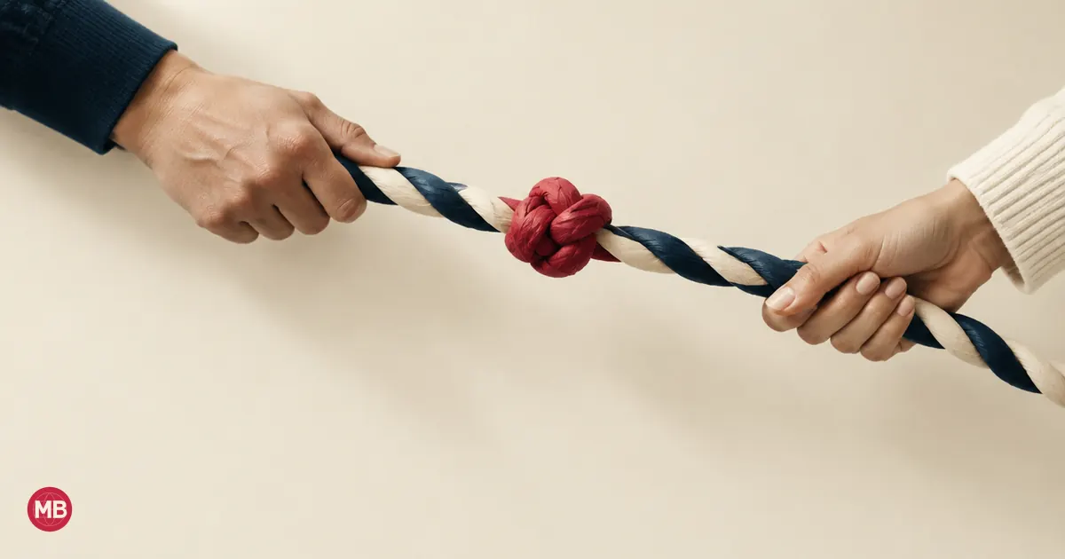 Deux mains tiennent chacune un bout d’une corde nouée de rouge au milieu