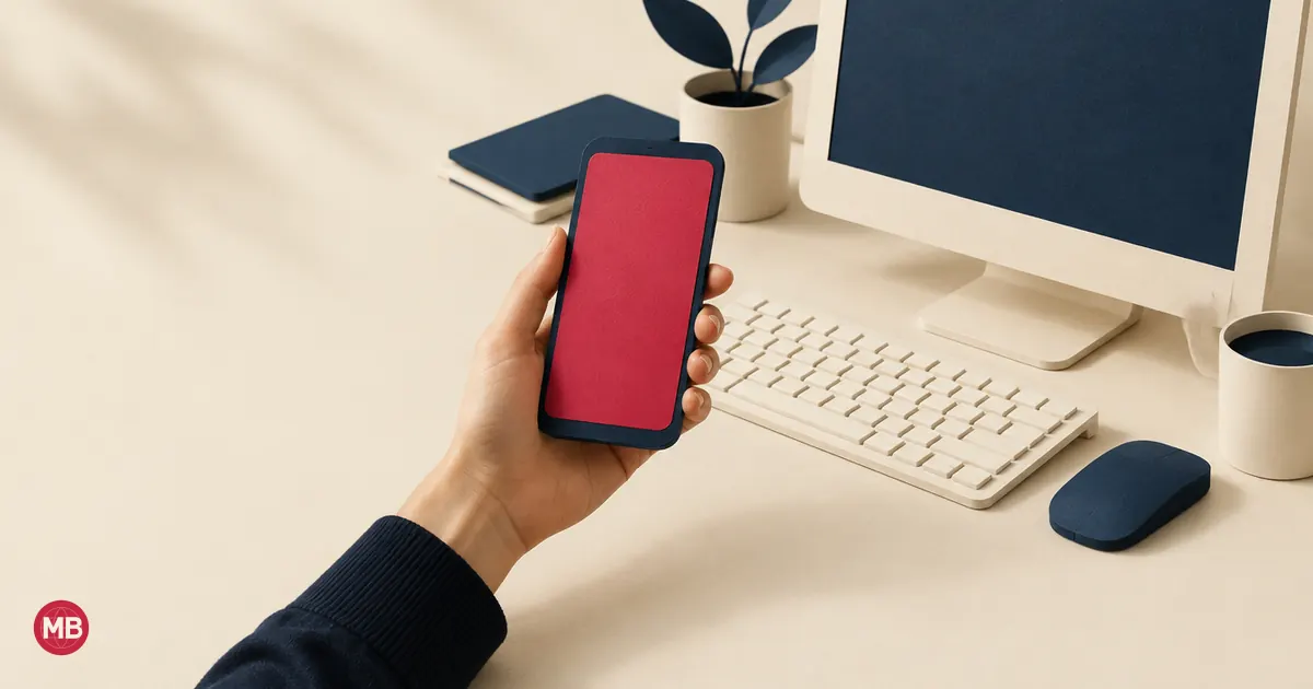 Una mano sostiene un móvil azul marino de pantalla roja sobre un monitor de papel