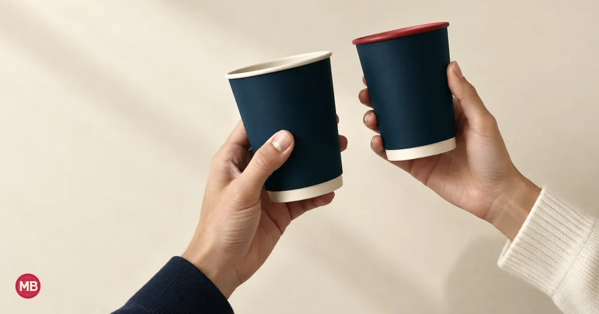 Deux mains tiennent chacune une tasse bleu marine à comparer, l’une au bord rouge