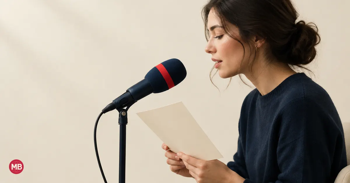 Une femme de profil lit à voix haute face à un micro bleu marine cerclé de rouge
